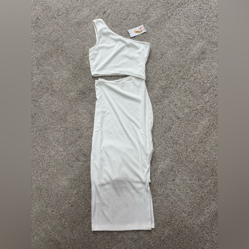 PrettyGarden One Shoulder Ribbed Bodycon White Dress Small